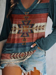 Geometric V-neck long sleeve t-shirt in multi-color with bohemian print.