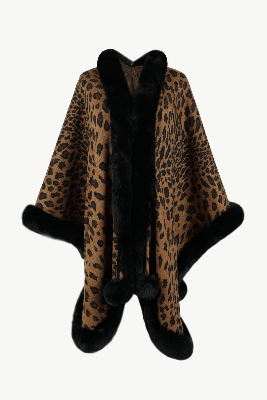 Leopard print cape with black faux fur trim and pom-poms.