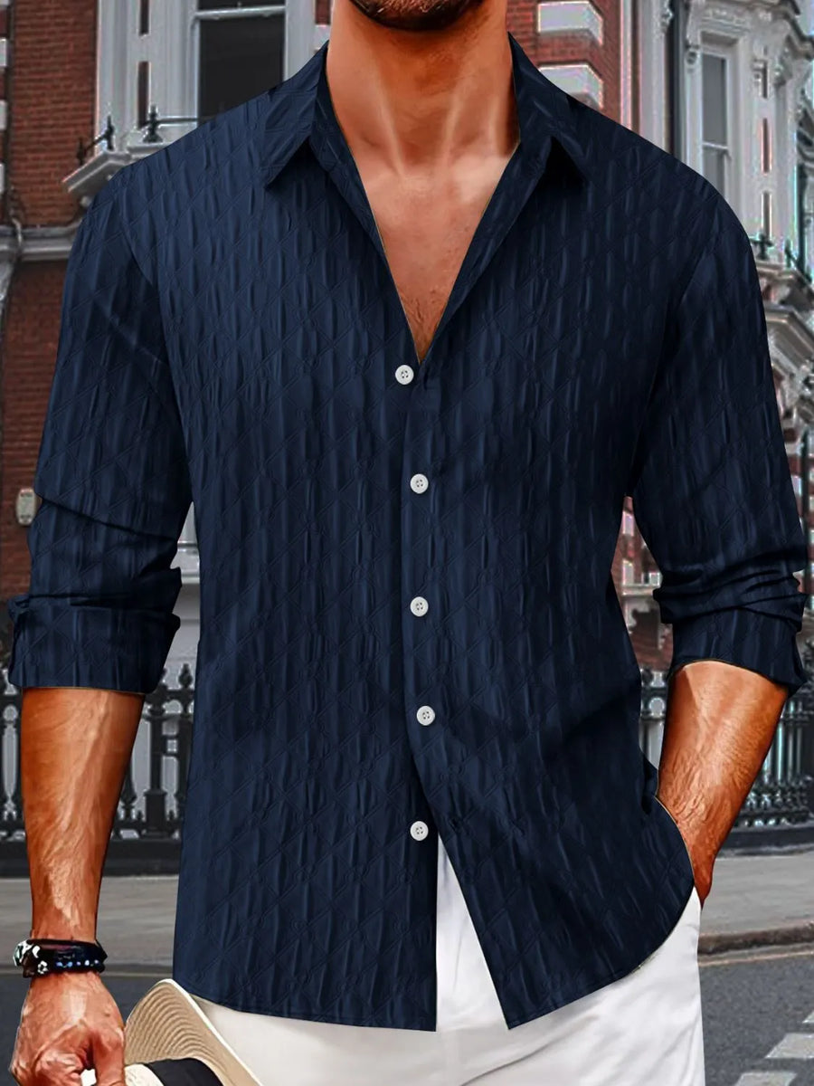 Navy textured weave relaxed fit button-down shirt with white buttons
