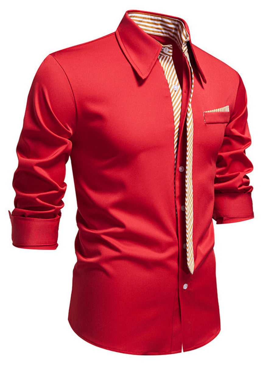 Men's red button-up shirt with pocket and striped inner collar detail