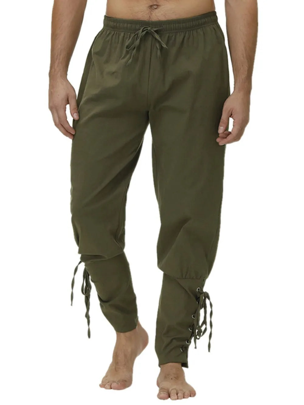 Army green trousers with drawstring waist and lace-up hemline detail