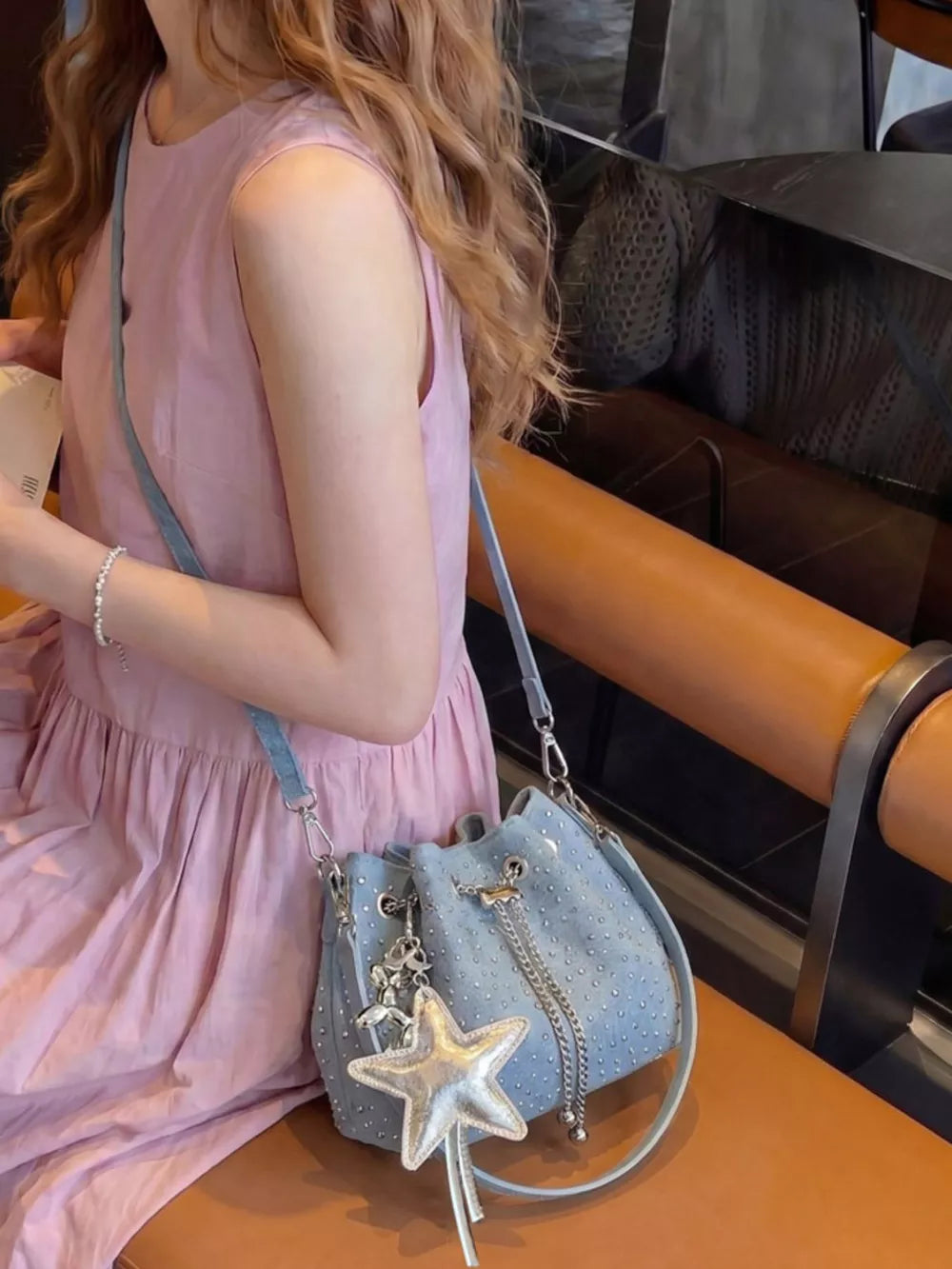 Blue Drawstring Bucket Crossbody Bag