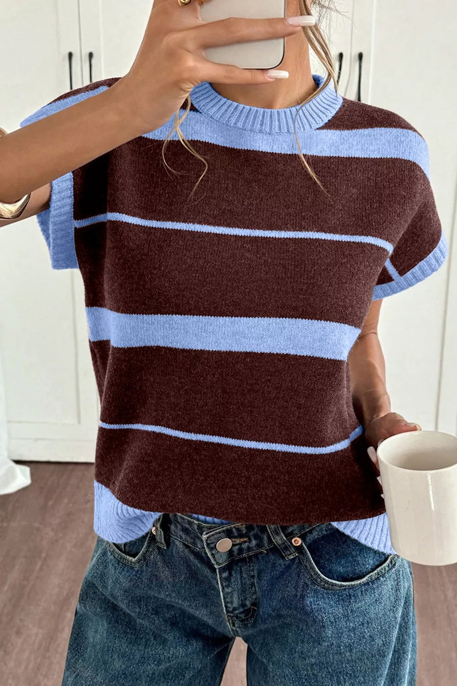 Chic striped knit sweater with crew neck and ribbed details in brown and light blue.