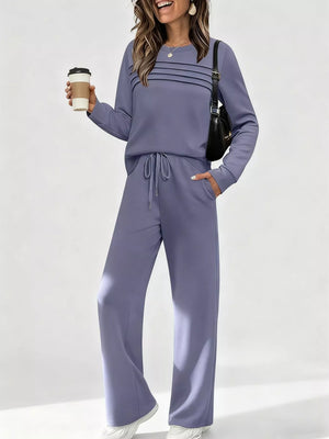 Dusty blue long-sleeve top and drawstring pants set with horizontal chest detail