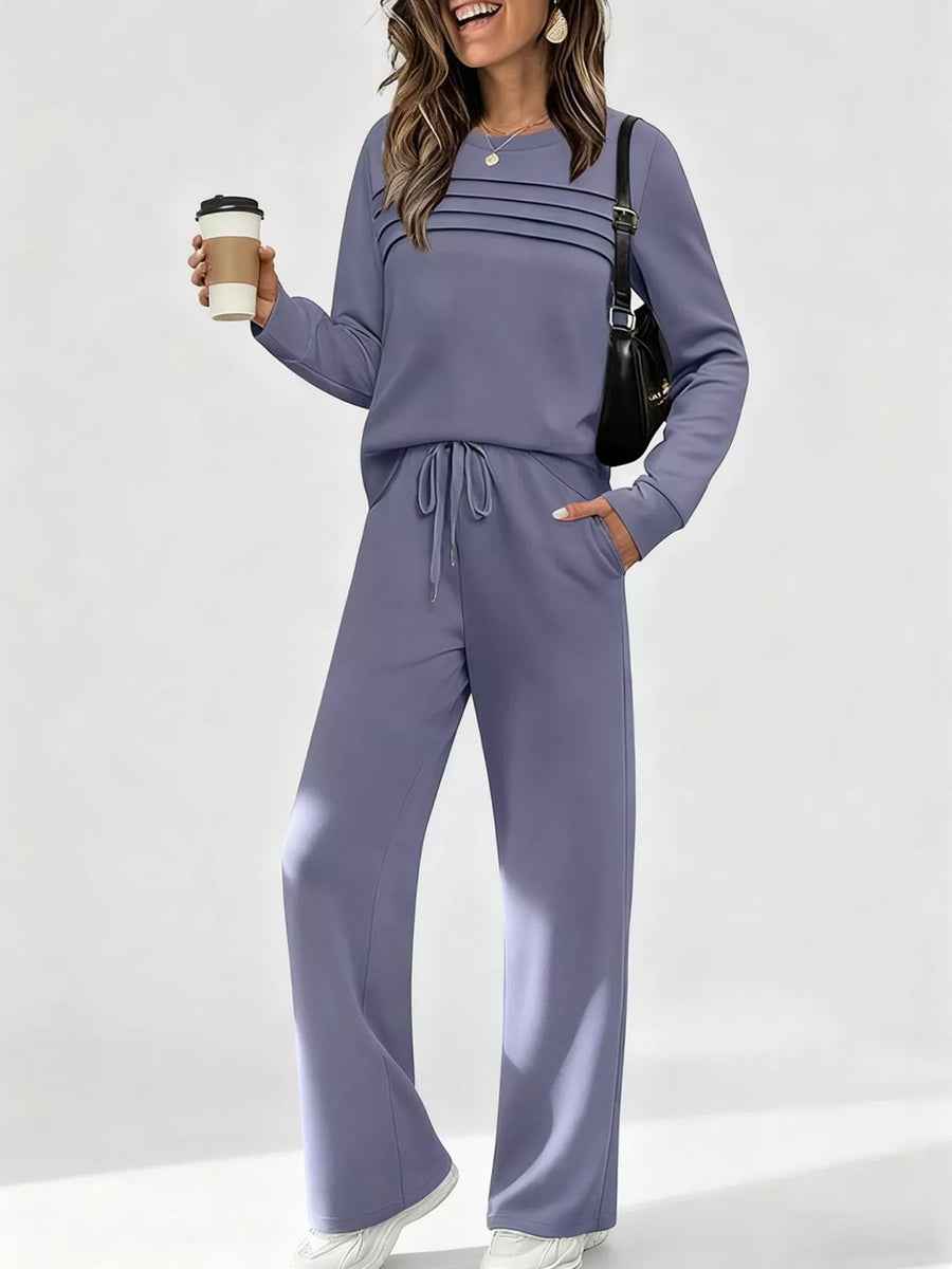 Dusty blue long-sleeve top and drawstring pants set with horizontal chest detail