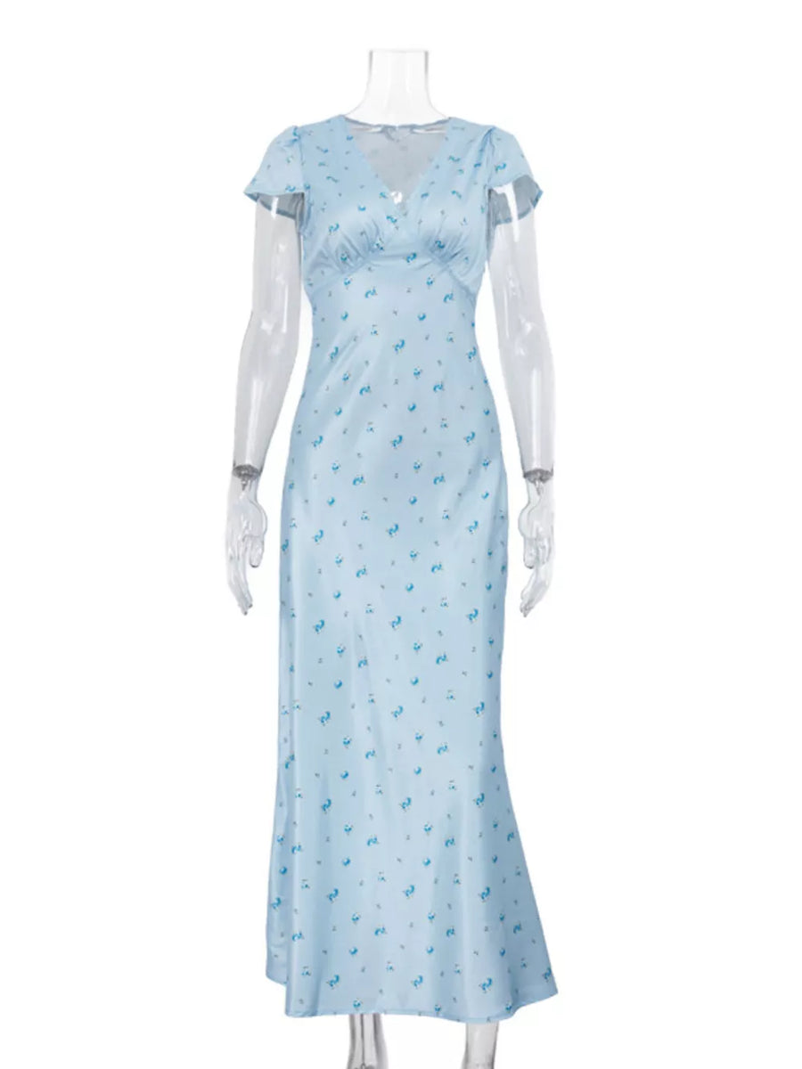 Light blue floral print slip dress with short sleeves and v-neckline