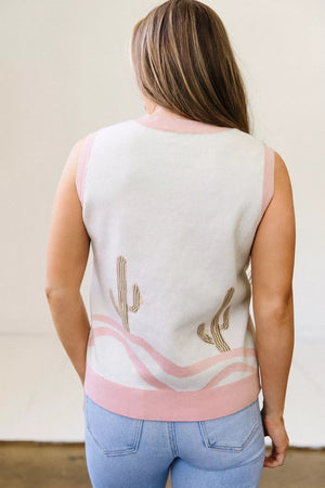 Color Block Cactus Pattern Western Sweater Vest option 7