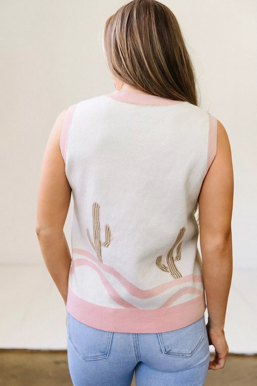 Color Block Cactus Pattern Western Sweater Vest option 7