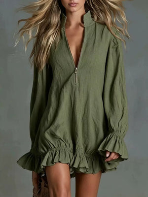 romantic mini dress in Army Green with mock neck