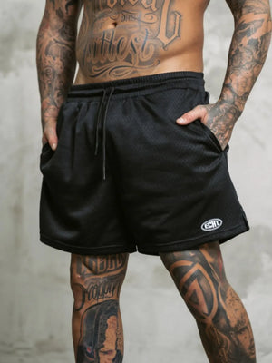 Black perforated performance shorts with drawstring and logo detail