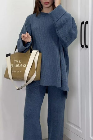 minimalist matching set in dusty blue with crew neck