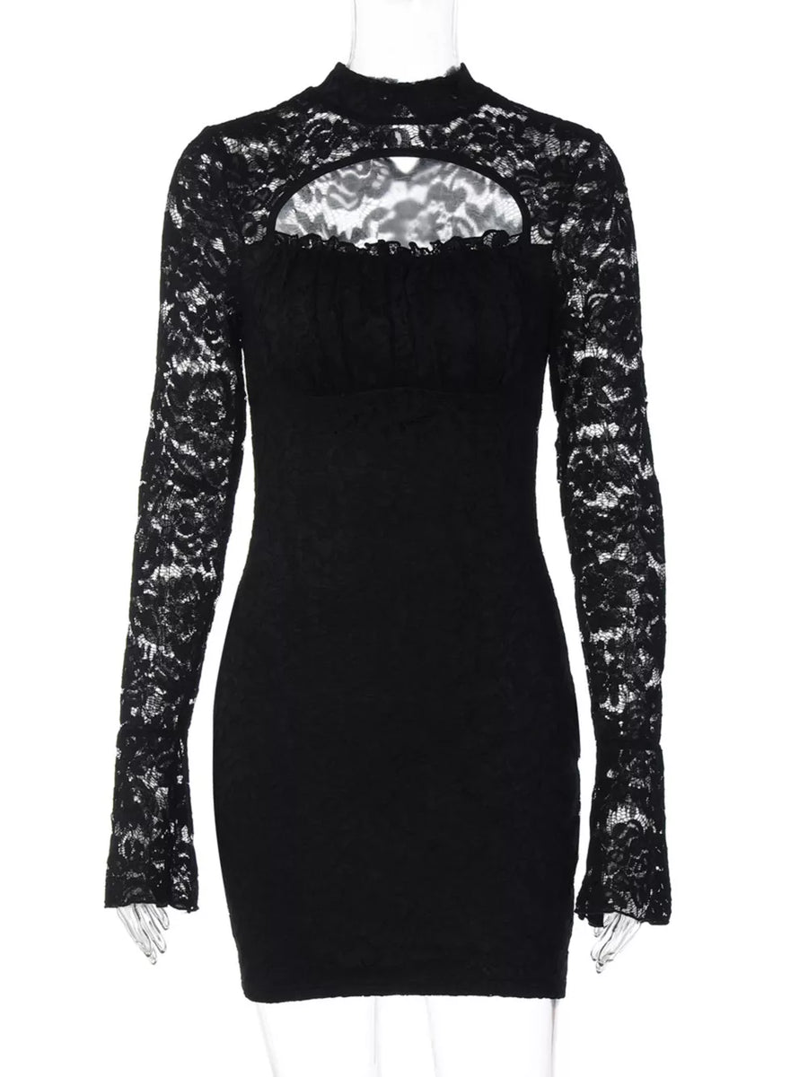 Black lace cutout mini dress with long puff sleeves and high neckline.