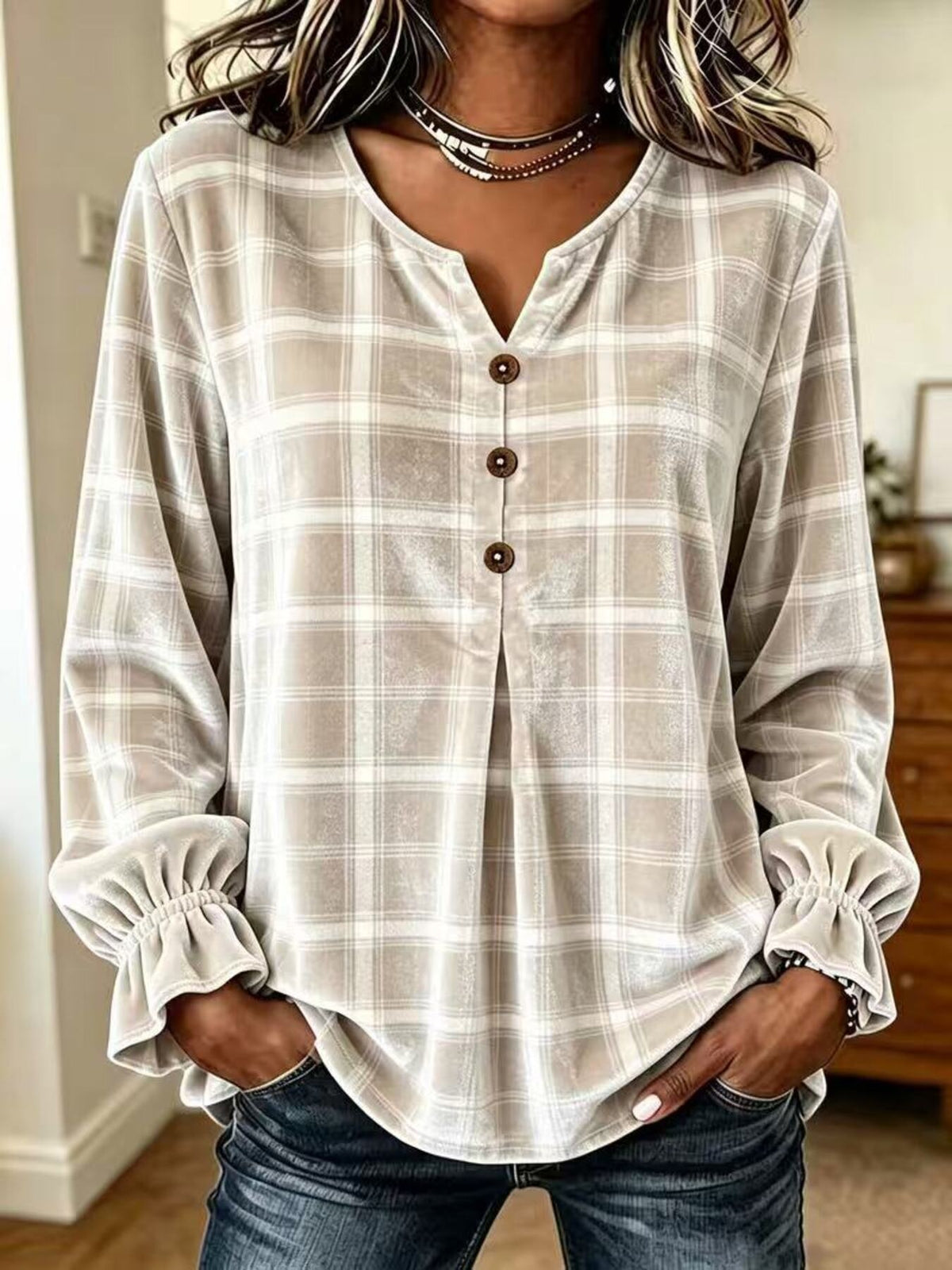 Burgundy blouse with hip-length and half-button