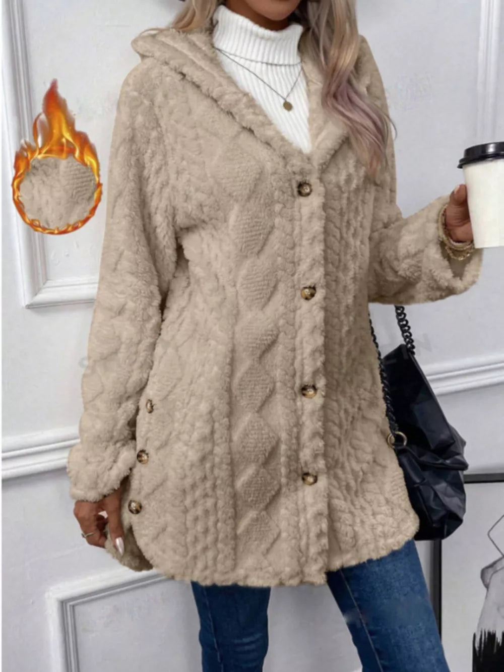 Cozy hooded fleece trench coat in Khaki with cable knit texture and button-down front.