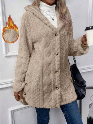 Cozy hooded fleece trench coat in Khaki with cable knit texture and button-down front.