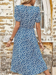 Blue floral midi dress with puff sleeves and a cinched waist