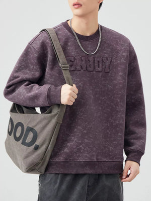 Men's plus-size purple tie-dye sweatshirt with embossed "ENJOY" graphic and crew neck.