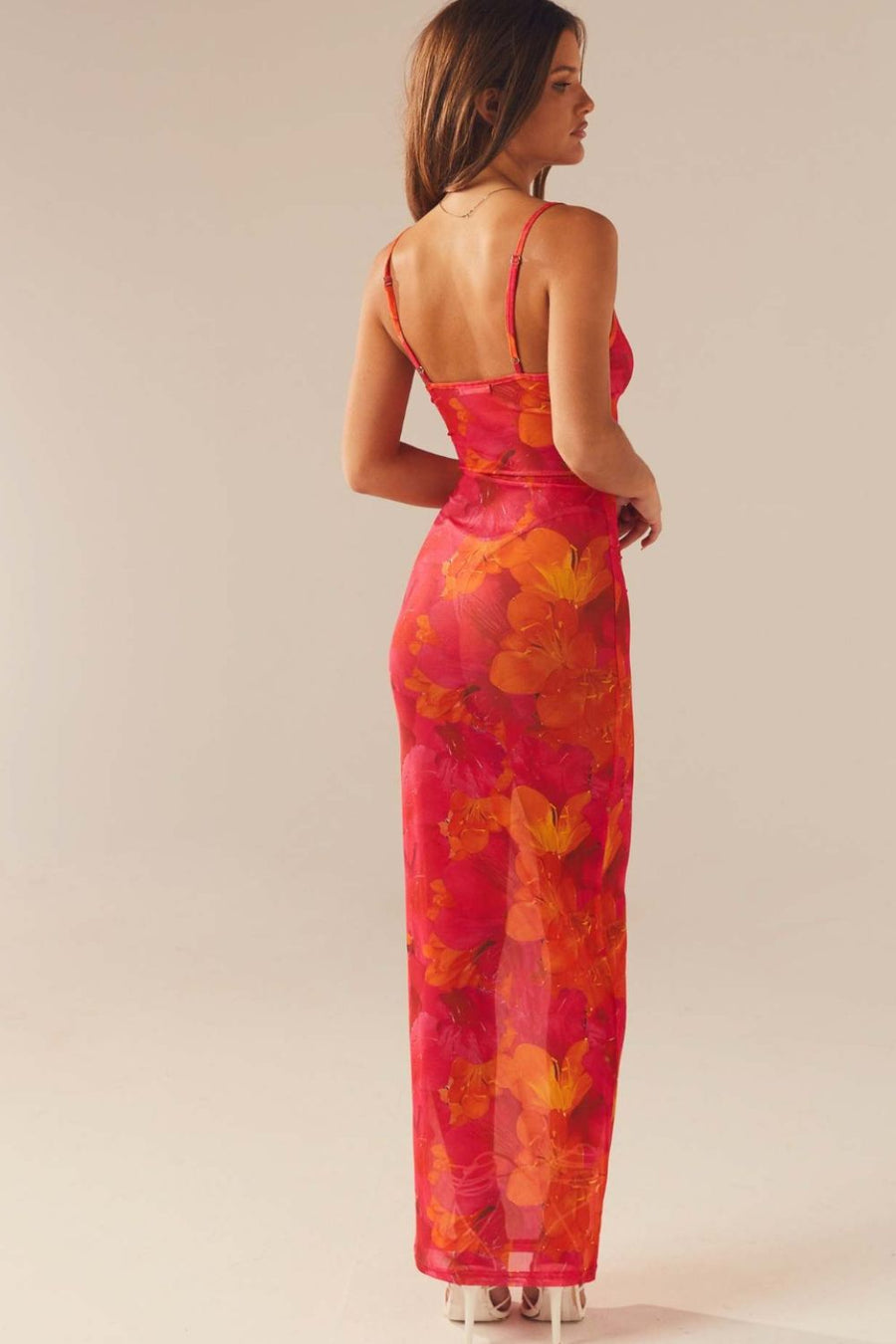 Red floral print maxi dress with spaghetti straps