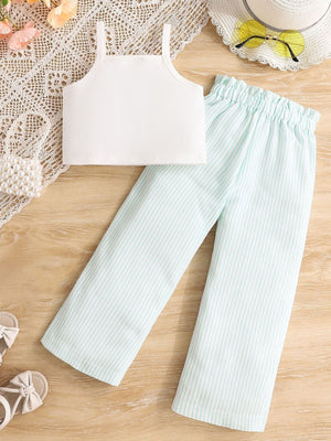 Baby girls' white tank top and pastel mint striped pants set, cotton, casual outfit.