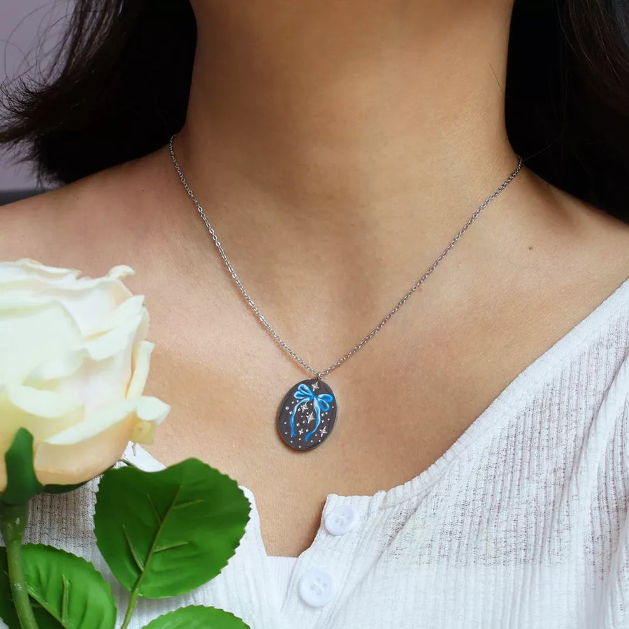 Stainless Steel Pendant Necklace With Zircon in pink with pendant