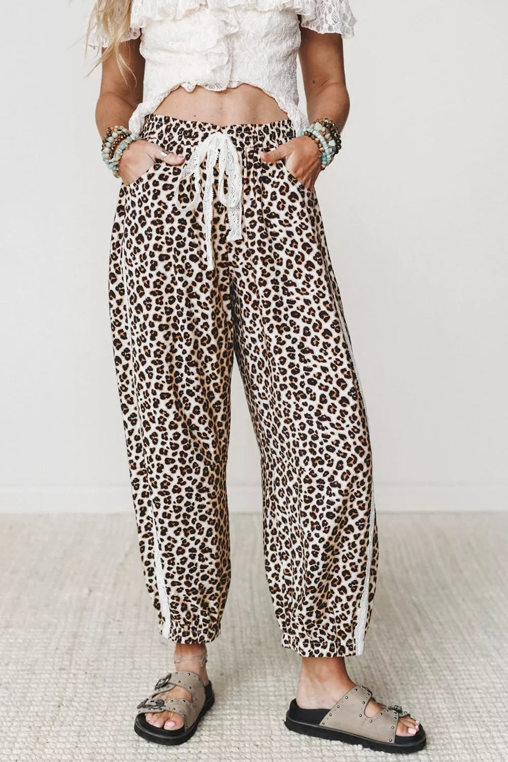 Black Leopard Print Ankle-length Elastic Waist Pants