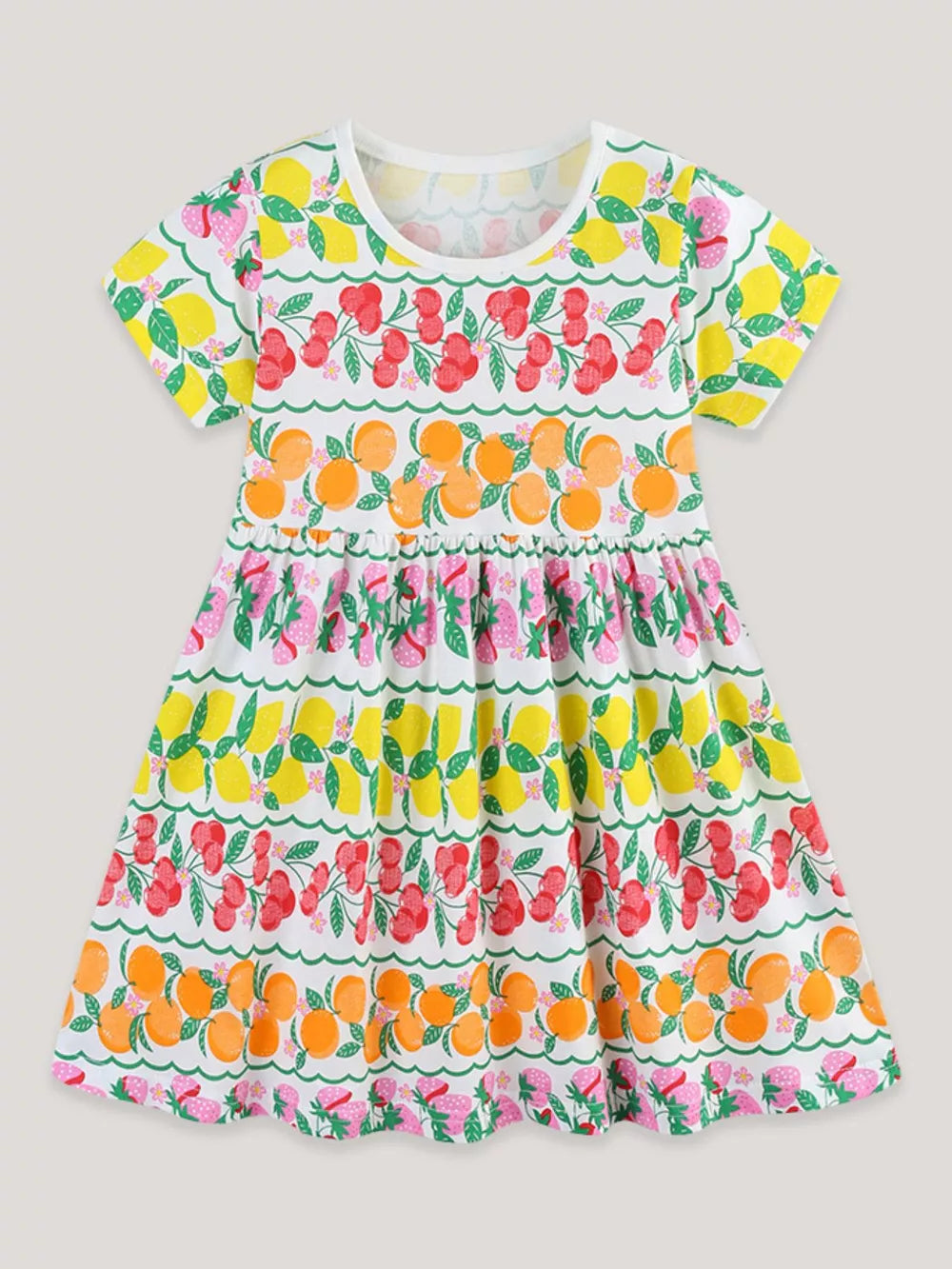 Girls' white short sleeve dress with fruit print, round neck, and ruffled hem.