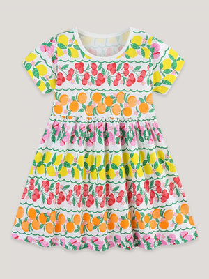 Girls' white short sleeve dress with fruit print, round neck, and ruffled hem.