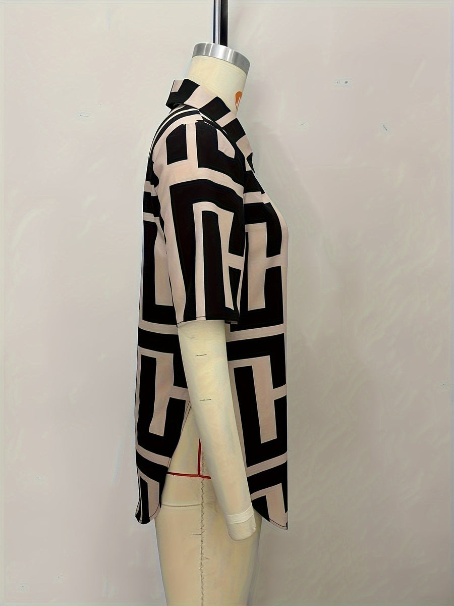 button-down shirt in Black with geometric and buttoned