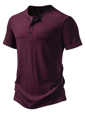 Men's burgundy ribbed short sleeve henley t-shirt with button placket.