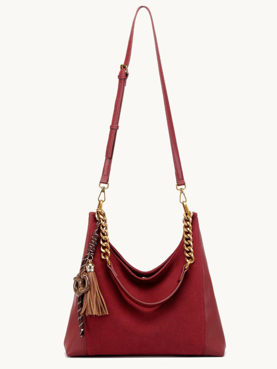 Chain Strap Tassel Charm Shoulder Bag in burgundy with chain strap