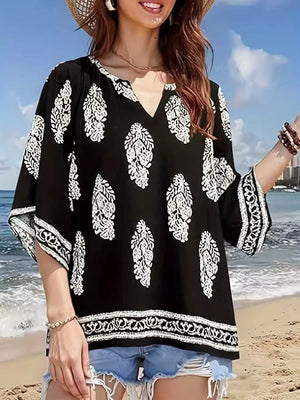 Red Printed Notched 3/4 Sleeve Blouse
