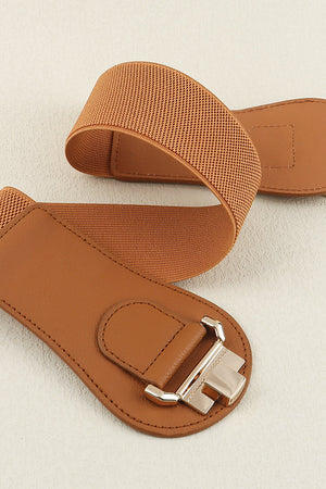 Caramel elasticated corset belt with sculpted alloy buckle detail