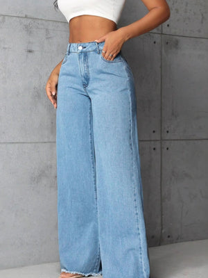 High-Waisted Wide Leg Raw Hem Jeans Plus Size in light blue with buttoned