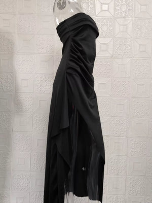 Black strapless maxi dress with ruching detail and high slit