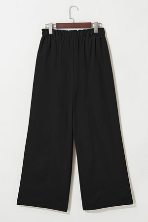 Black cropped wide-leg pants with elastic drawstring waist and front seam detail.