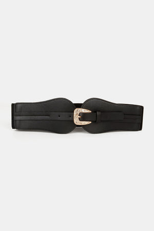 Black elastic belt with sculpted faux leather front and ornate gold Western buckle.