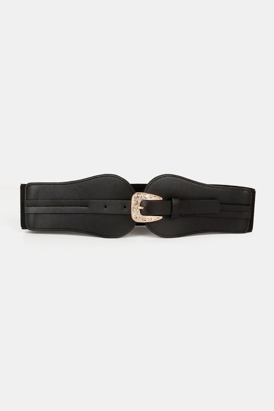 Black elastic belt with sculpted faux leather front and ornate gold Western buckle.