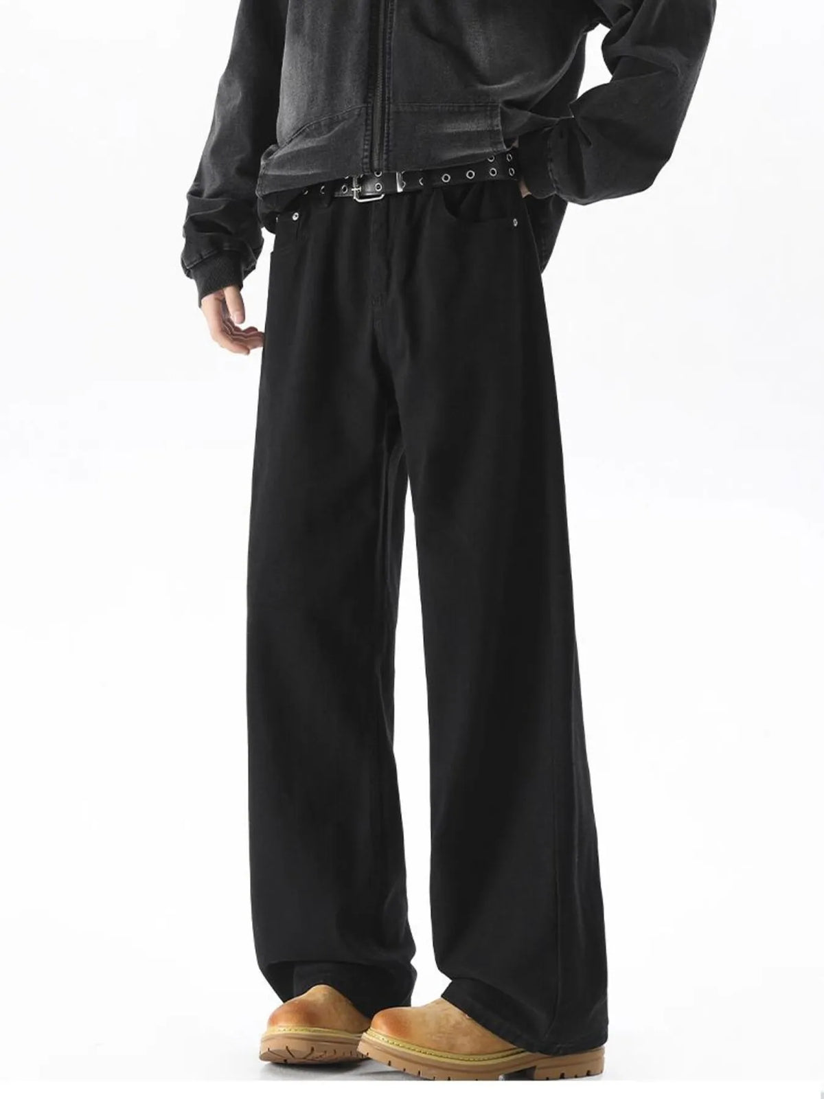 Black wide-leg comfort fit jeans with a cotton blend, styled casually.