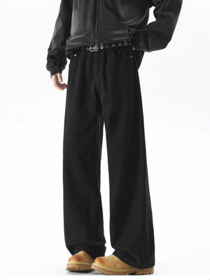 Black wide-leg comfort fit jeans with a cotton blend, styled casually.