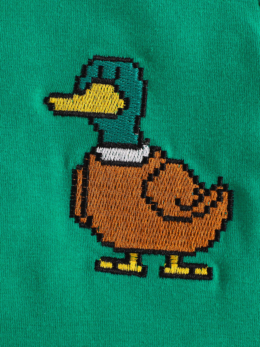 Green baby tee with pixelated duck graphic embroidery