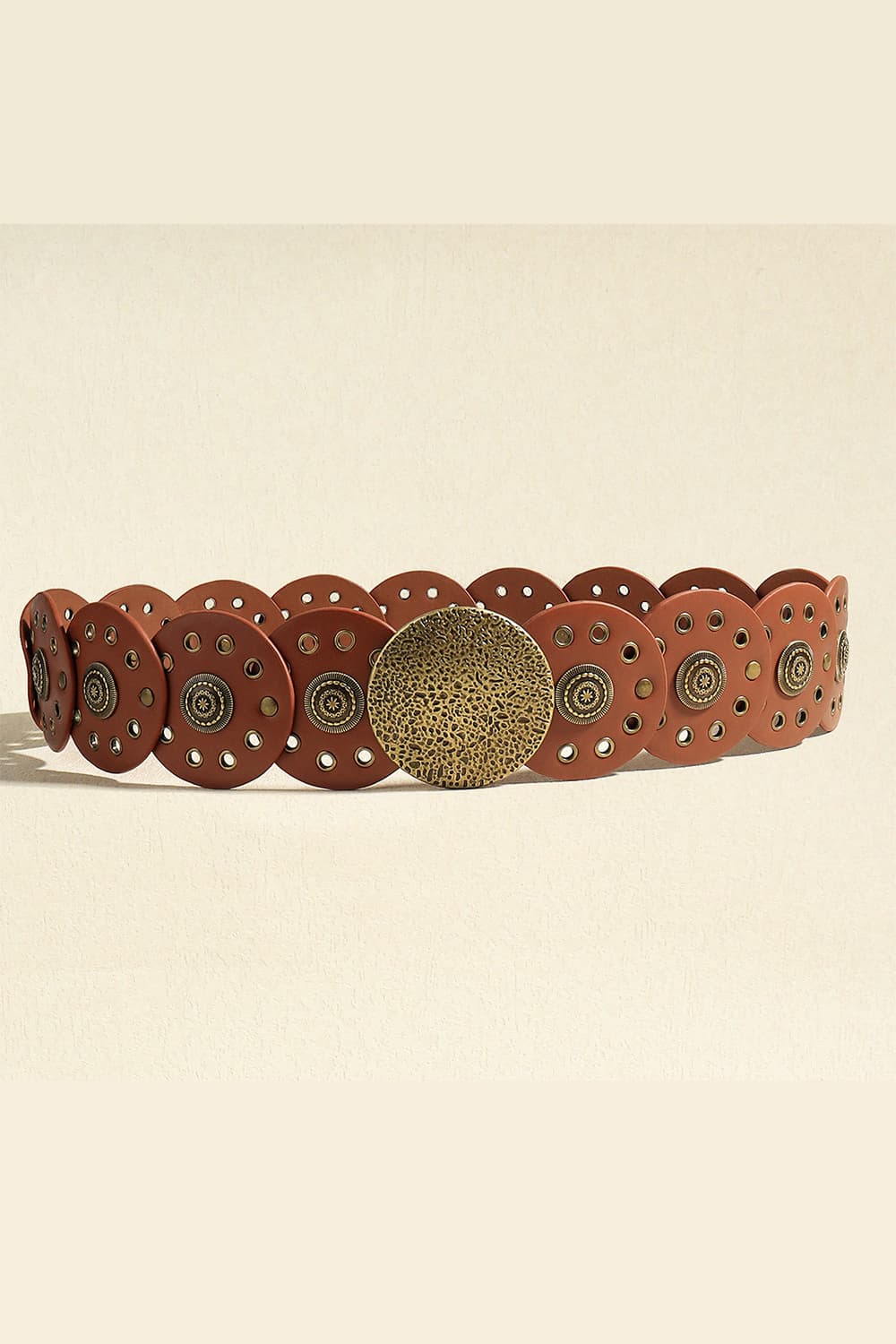Brown faux leather belt with round disc embellishments and gold-tone accents