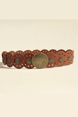 Brown faux leather belt with round disc embellishments and gold-tone accents