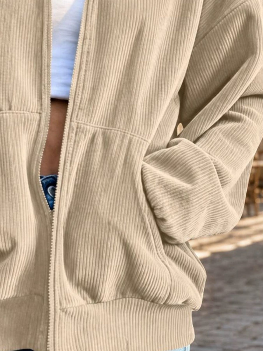 Corduroy Zip-Up Dropped Shoulder Jacket in Red with pocketed