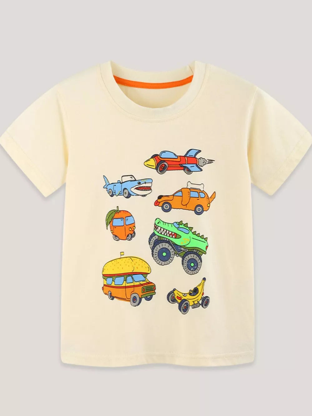 Cream cotton t-shirt with whimsical vehicle cartoon print.