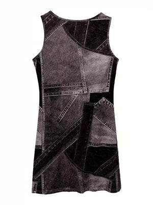 Dusty Blue with Patchwork Denim Sleeveless Mini Dress in Dusty Blue