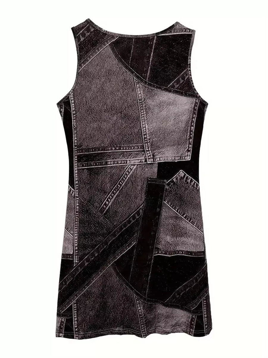 Dusty Blue with Patchwork Denim Sleeveless Mini Dress in Dusty Blue