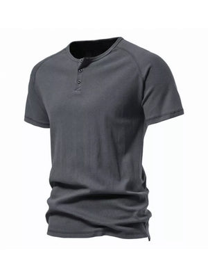 Men's casual dark gray cotton henley t-shirt with button detail