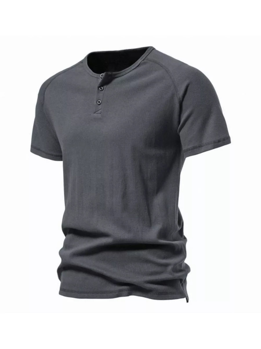 Men's casual dark gray cotton henley t-shirt with button detail