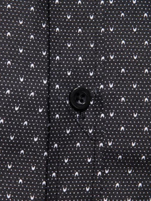 Black cotton slim fit shirt with micro-dot and v-shape pattern and button detail.