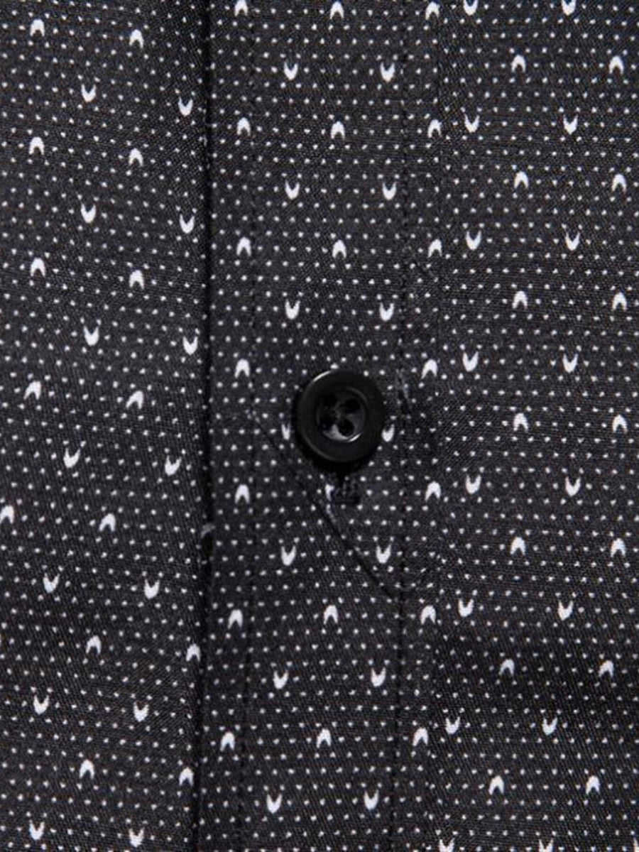 Black cotton slim fit shirt with micro-dot and v-shape pattern and button detail.